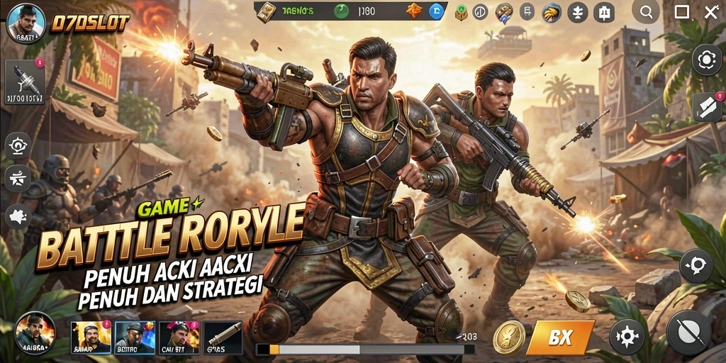 Screenshot gameplay 070SLOT menampilkan aksi intens dalam pertempuran Battle Royale.