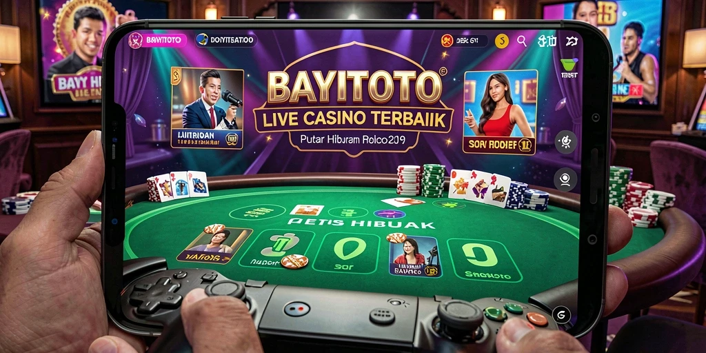 Screenshot gameplay BAYITOTO dengan dealer langsung dan suasana kasino yang nyata.