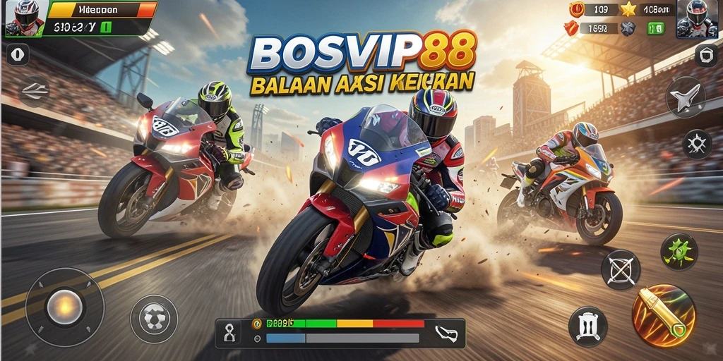 Screenshot utama BOSVIP88 menampilkan motor yang melaju cepat di lintasan balapan.