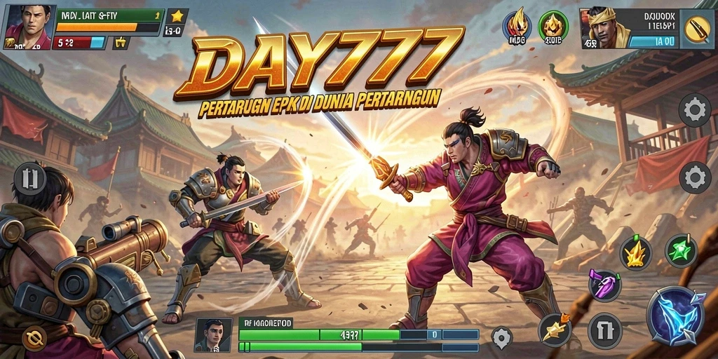 Tangkapan layar utama dari DAY777 yang menunjukkan aksi pertarungan mendebarkan.