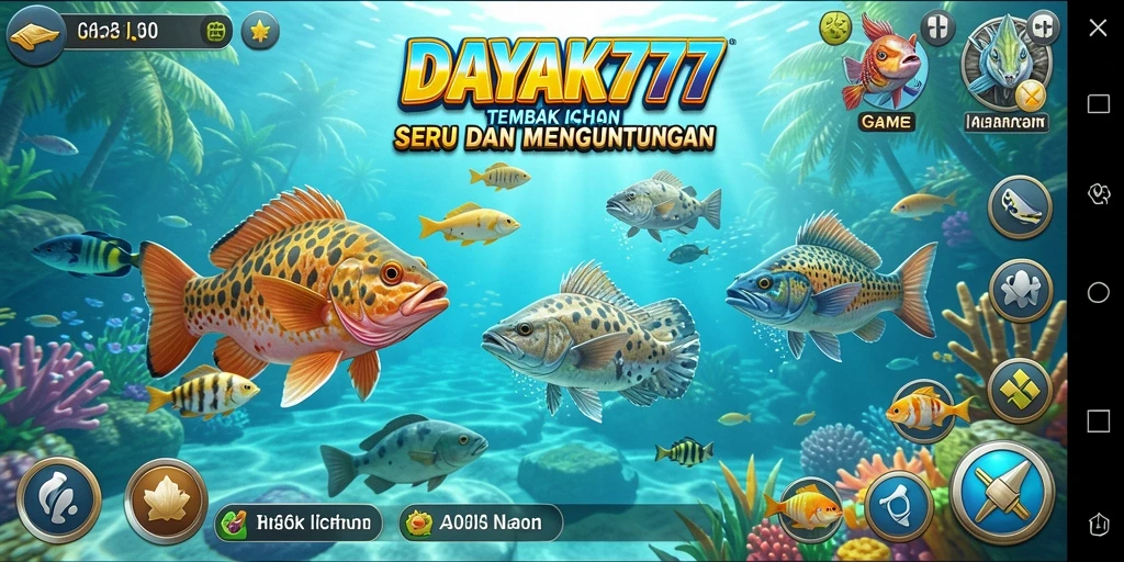 Tampilan gameplay DAYAK777 yang menampilkan aksi menembak ikan.