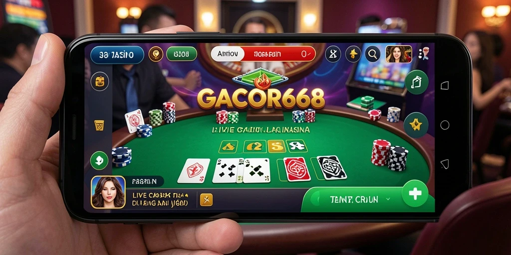 Tampilan screenshot GACOR668 dengan dealer dan ruang permainan Live Casino yang menarik.