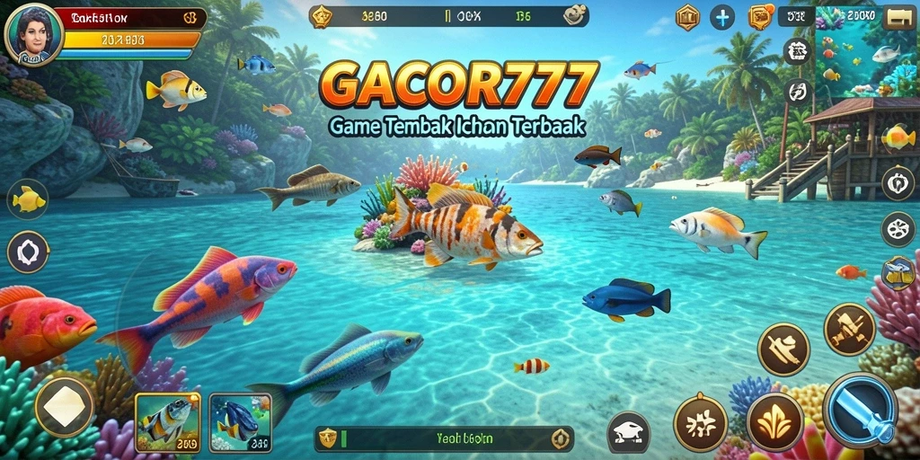 Tampilan gameplay seru dari GACOR777 saat menembak ikan di bawah laut.