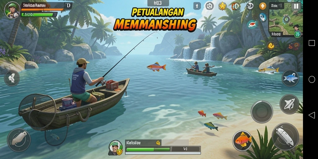 Screenshot H03 menampilkan aksi seru saat memancing di lokasi indah.