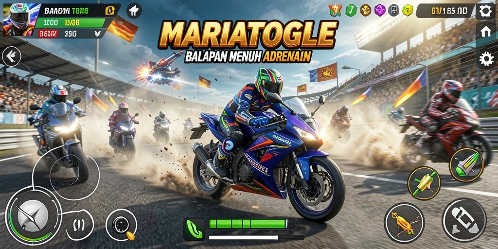 Screenshot utama MARIATOGEL menunjukkan aksi balapan motor yang mendebarkan.