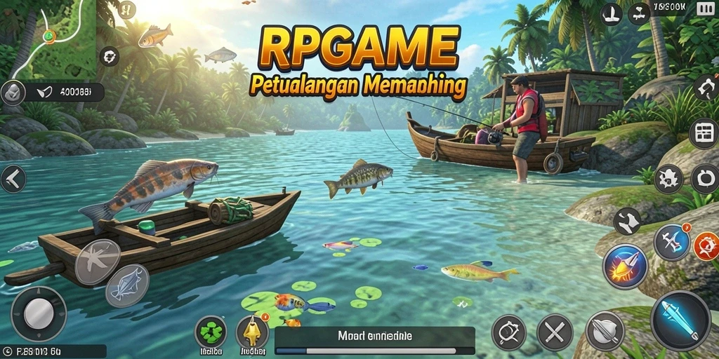 Tampilan permainan RPGAME yang menawan dengan aktivitas memancing yang seru.