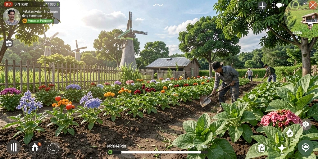 Tangkapan layar gameplay <strong>SINTE4D</strong> menunjukkan aktivitas bertani yang seru dan interaktif.